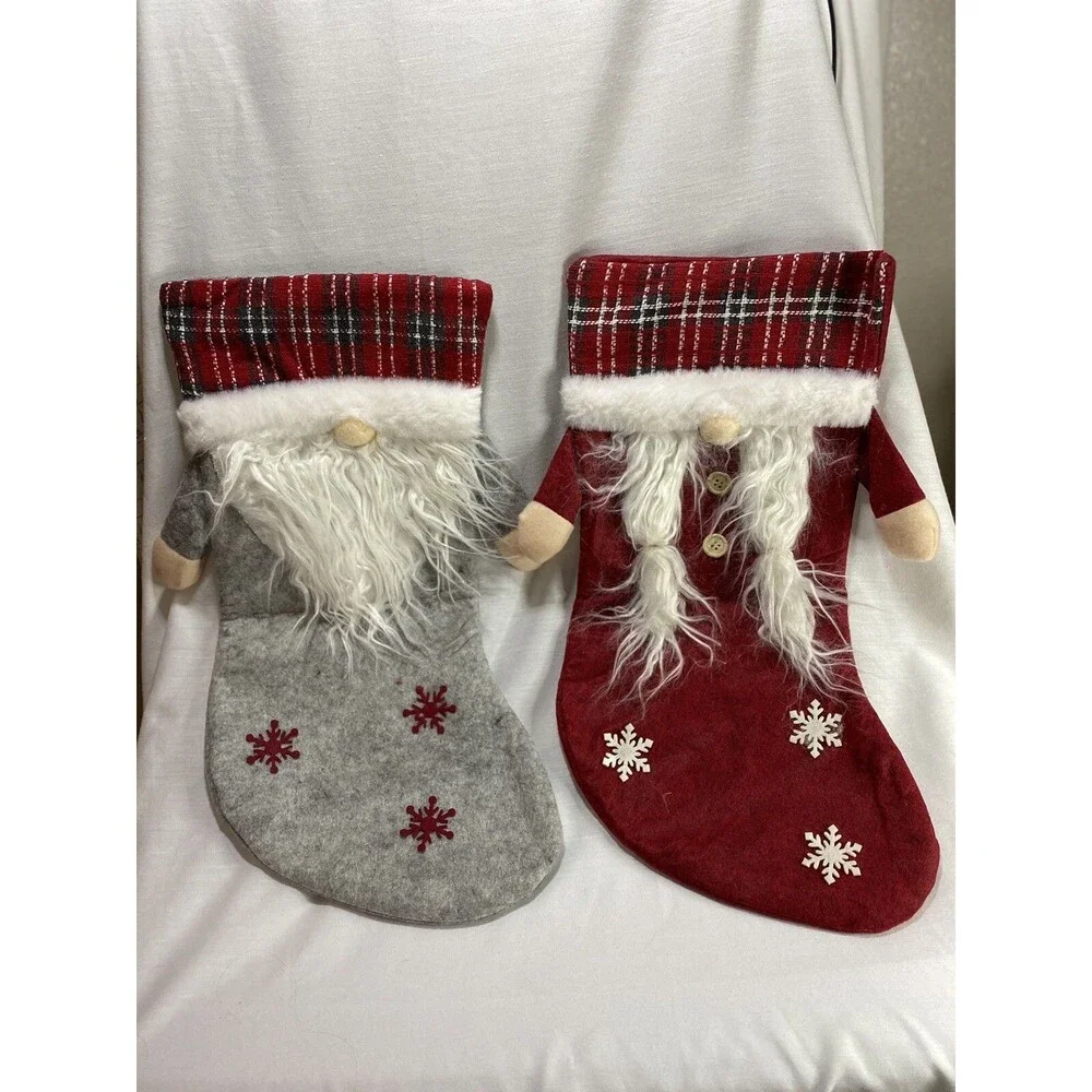 Christmas Stockings 3D Gnomes Plaid Gift Candy Bag Tree Hanging Ornament